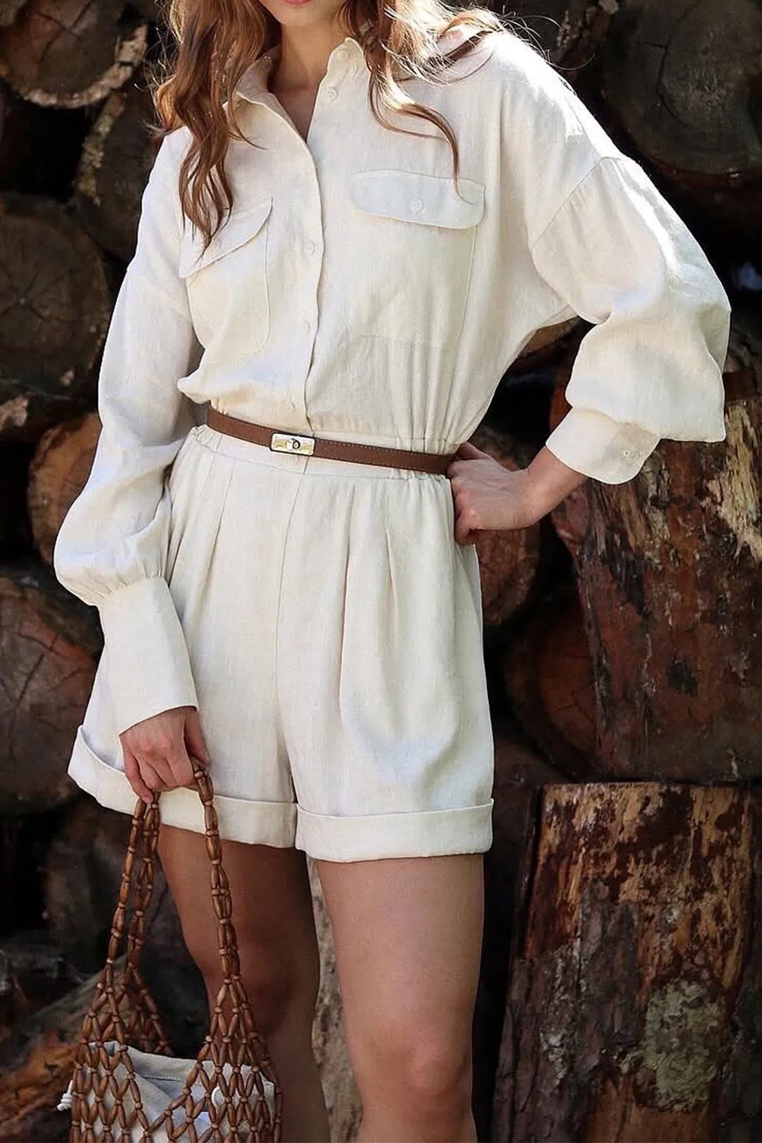 Solid Button Belted Ruched Long-Sleeve Romper sold by Micas