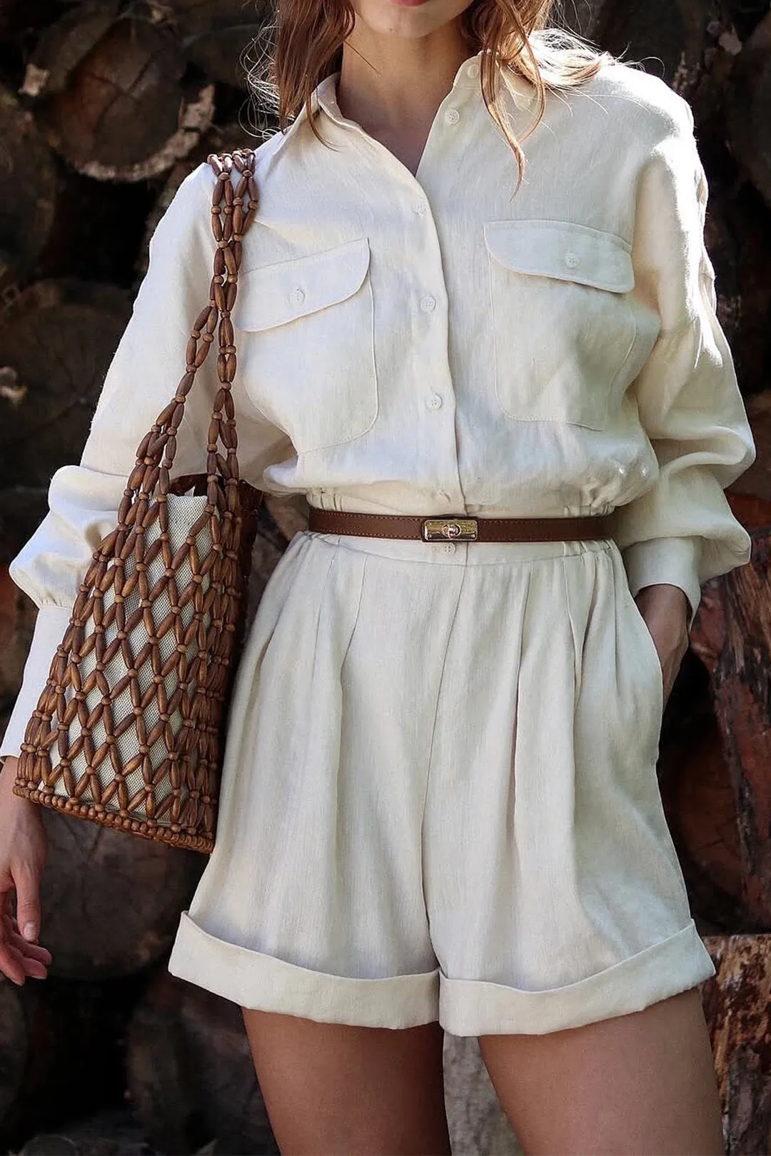 Solid Button Belted Ruched Long-Sleeve Romper sold by Micas product image thumbnail 2