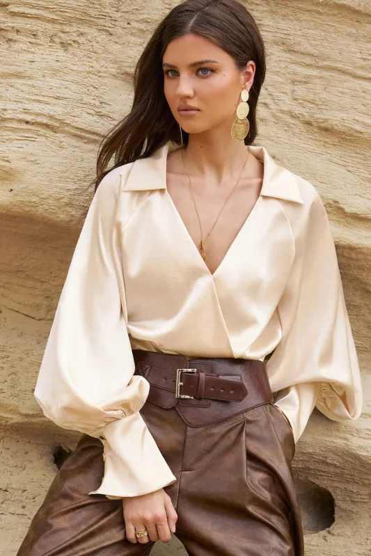 Satin V-Neck Bell Long-Sleeve Button Shirt sold by Micas