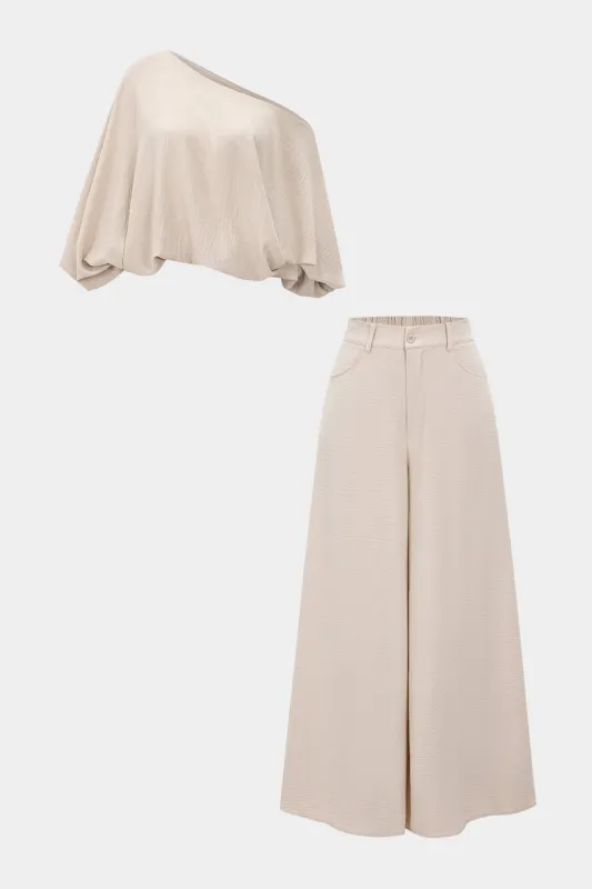 Asymmetrical Neck Ruched Lantern Sleeve Top And Wide Leg Trousers Set sold by Micas