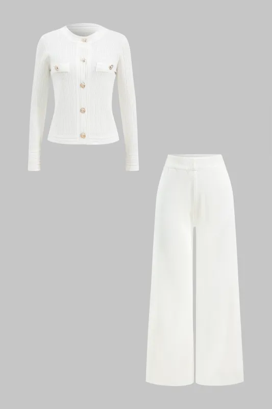 Knit Button Long-Sleeve Top And Wide Leg Trousers Set sold by Micas