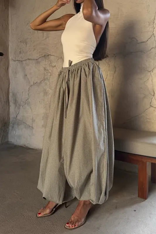 Checkered Print Tie-Up Lantern Trousers sold by Micas