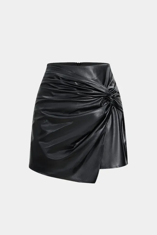 Faux Leather Asymmetrical Twist Knot Mini Skirt sold by Micas