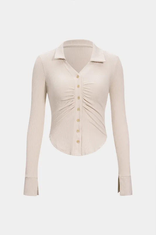 Ruched Button Long-Sleeve Top sold by Micas