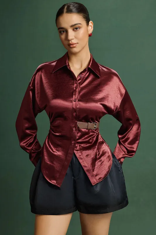 Satin Button Ruched Patchwork Belted Long-Sleeve Shirt sold by Micas