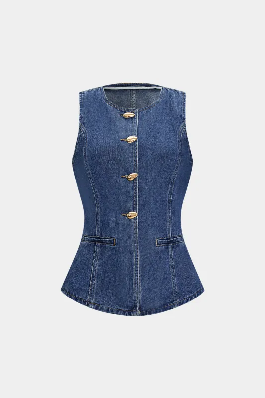 Denim Metallic Button Vest sold by Micas