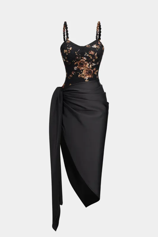 Floral Lace Patchwork Twist Knot Sleeveless Dress And Satin Asymmetrical Tie-Knot Skirt Set sold by Micas