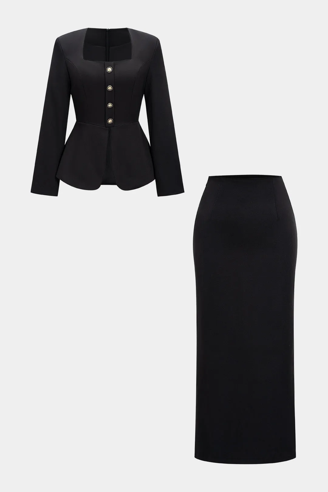 Saqure Neck Button Ruched Zipper Long-Sleeve Top And Side Split Skirt Set sold by Micas