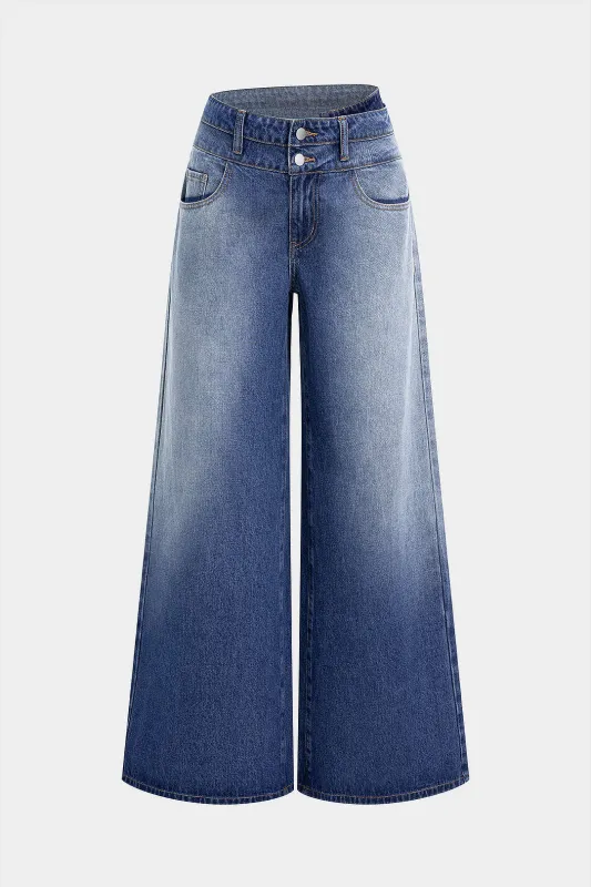 Denim Asymmetrical Double Waistband Washed Wide Leg Jeans sold by Micas