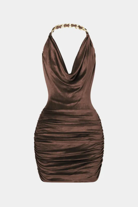 Velvet Halter Draped Cowl Neck Ruched Backless Sleeveless Mini Dress sold by Micas