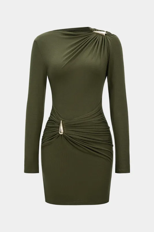 Asymmetrical Metallic Decor Ruched Long Sleeve Midi Dress sold by Micas