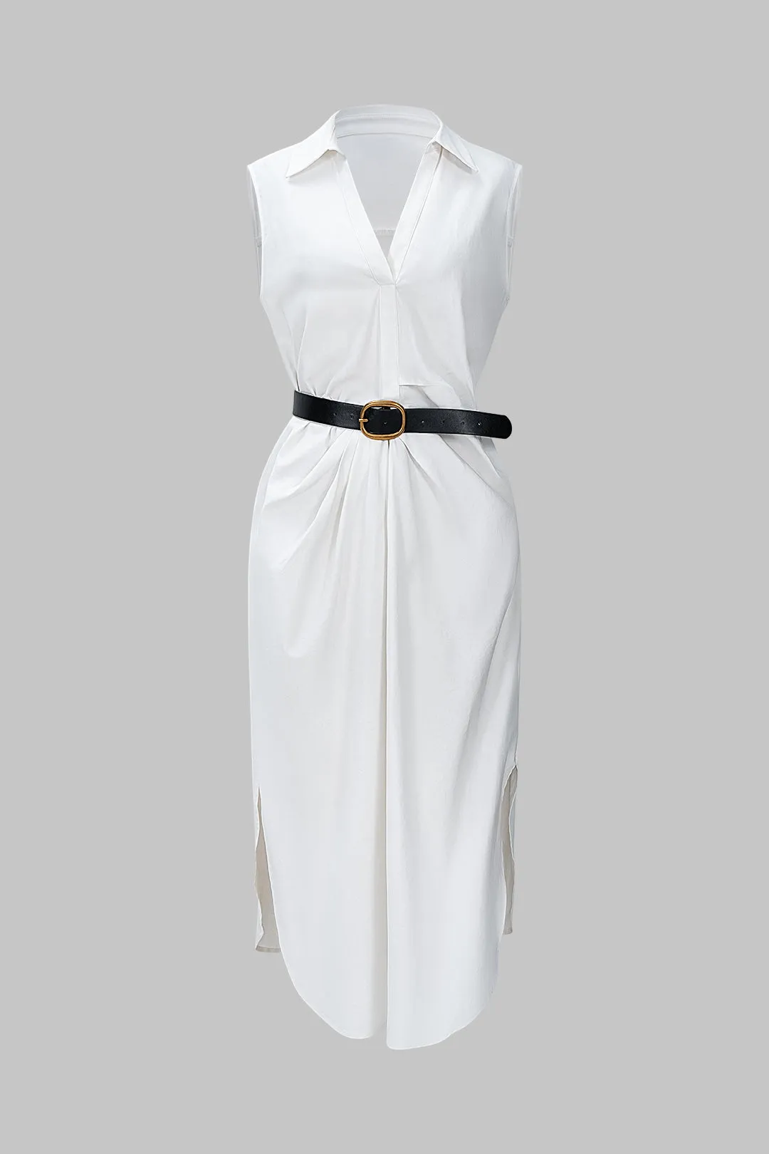 Asymmetrical Ruched Belted Sleeveless Midi Dress sold by Micas