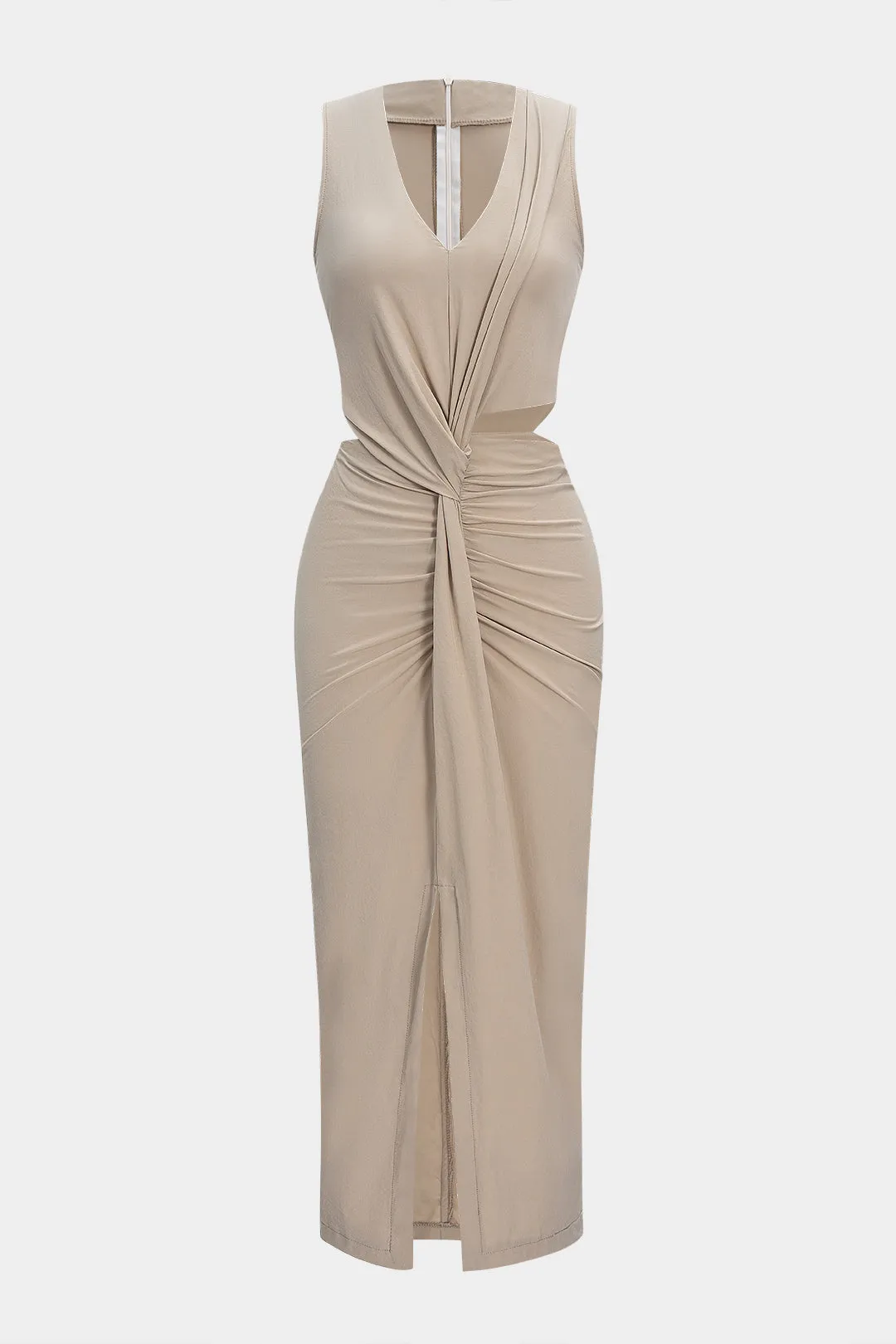 Ruched Cut Out V-Neck Twist Knot Maxi Dress sold by Micas