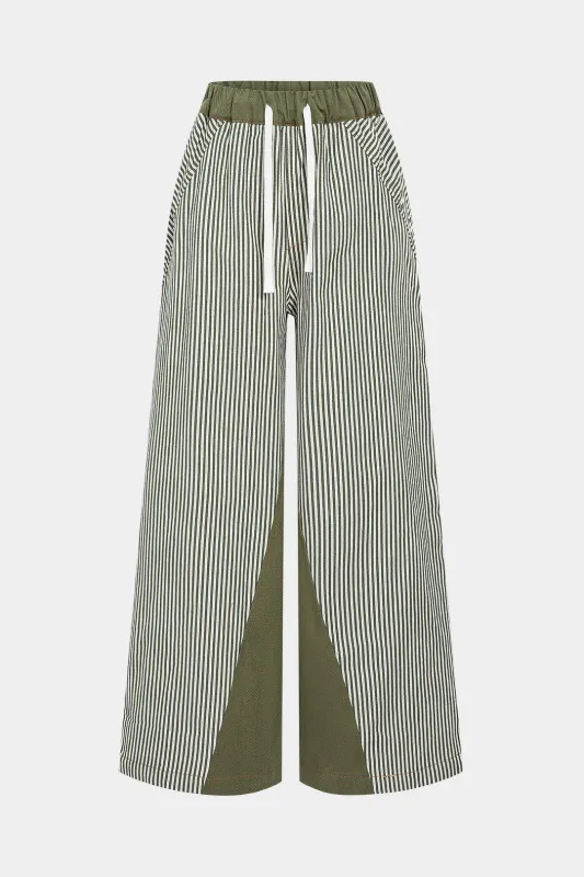 Stripes Print Contrast Shirred Tie-Up Wide Leg Trousers sold by Micas