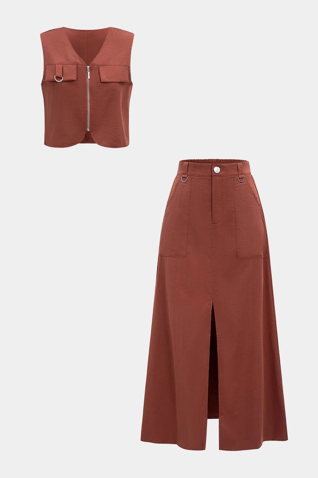 Solid Zipper Tank Top And High Waist Split Skirt Set sold by Micas