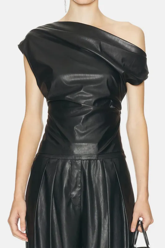 Leather Asymmetrical Shoulder Ruched Top sold by Micas