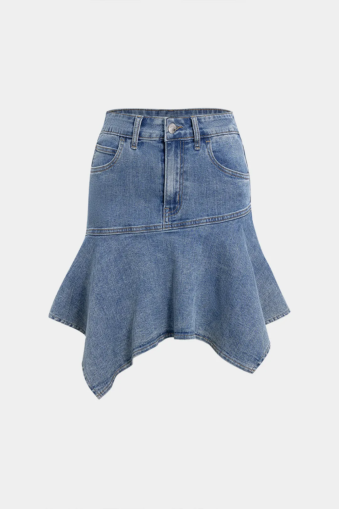 Denim Ruffle Hem Mini Skirt sold by Micas