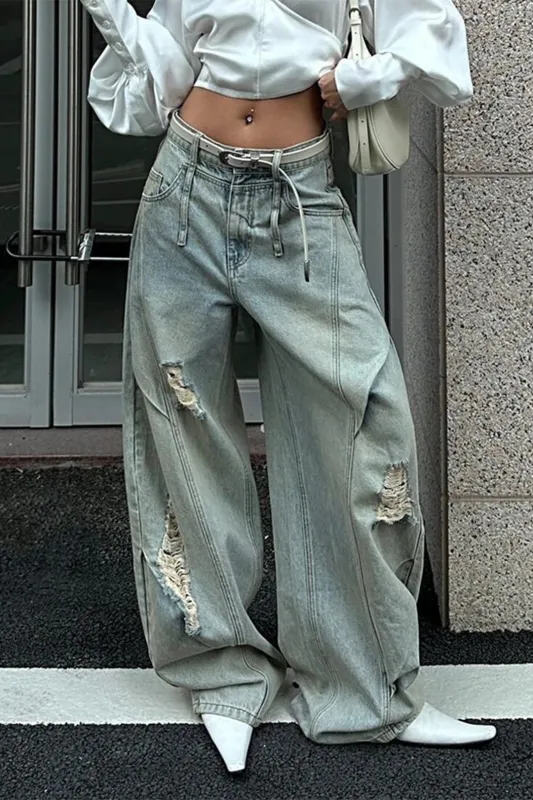 Denim Ripped Ruched Barrel Jeans sold by Micas