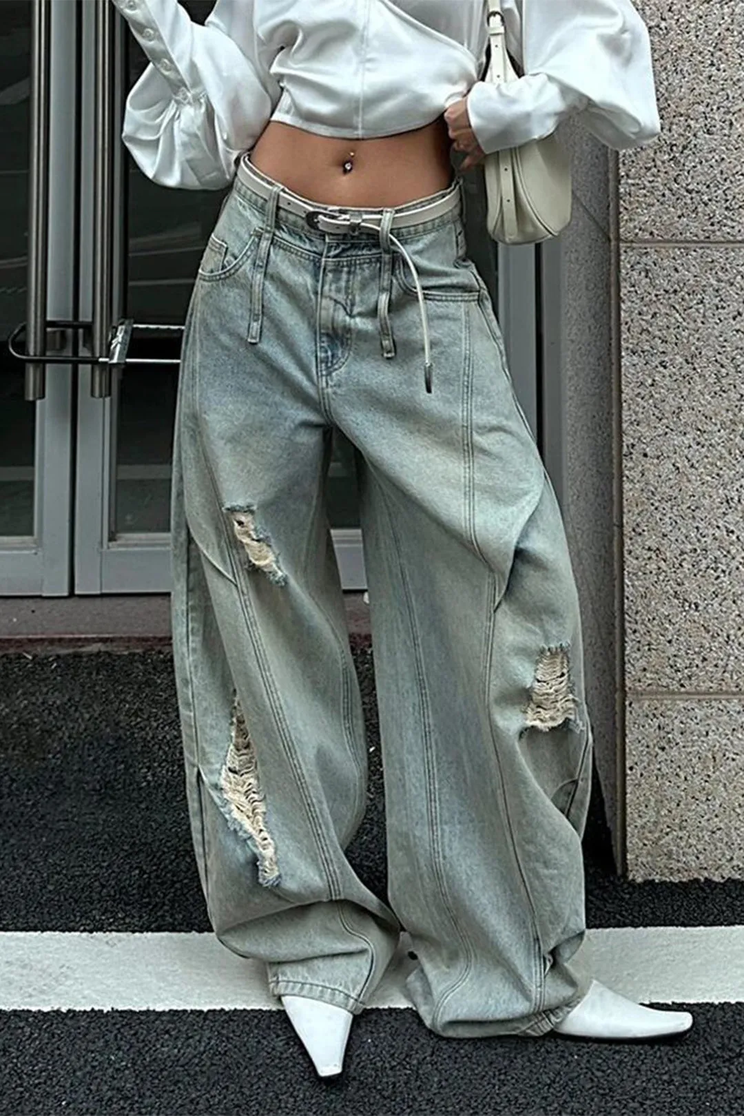 Denim Ripped Ruched Barrel Jeans sold by Micas