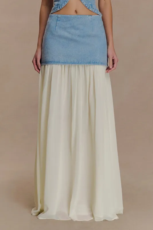 Denim Chiffon Patchwork Ruched Skirt sold by Micas