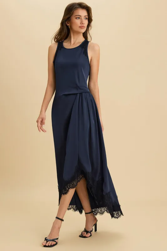 Satin Lace Trim Ruched Sleeveless Midi Dress sold by Micas