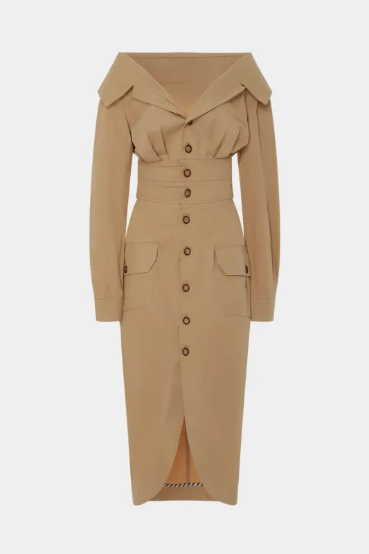 Lapel Ruched Button Pocket Long-Sleeve Midi Dress sold by Micas