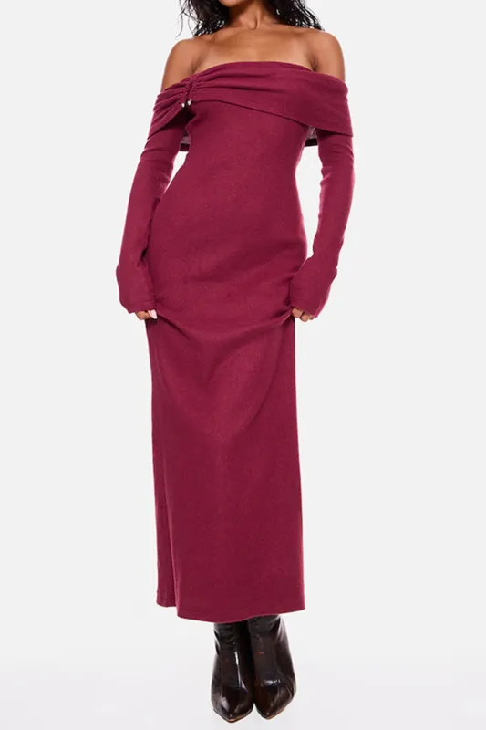 Off Shoulder Asymmetrical Ruched Long-Sleeve Maxi Dress sold by Micas