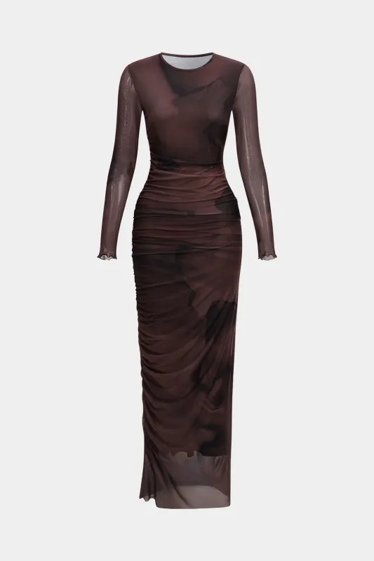 Tie-Dye Mesh Ruched Long-Sleeve Maxi Dress sold by Micas