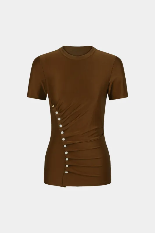 Asymmetrical Button Ruched Short-Sleeve T-Shirt sold by Micas