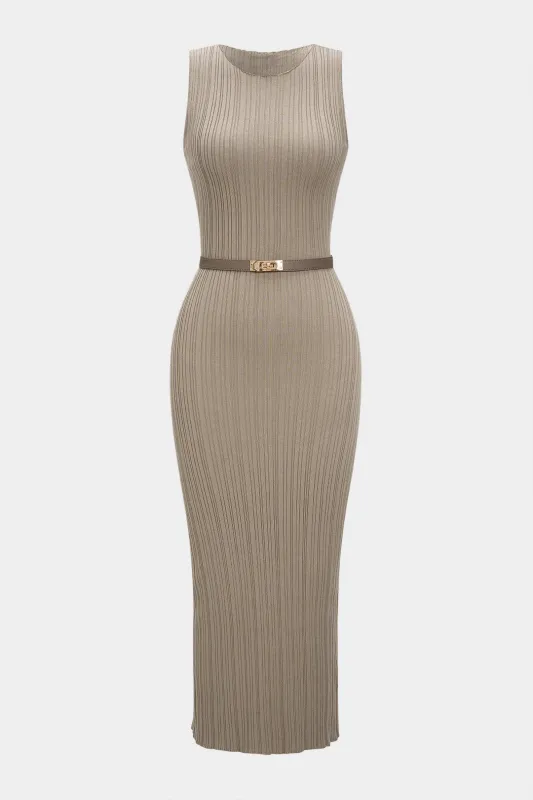 Knit Belted Tank Sleeveless Slit Dress sold by Micas