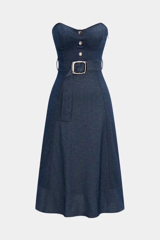 Denim Ruched Belted Strapless Sleeveless Dress sold by Micas