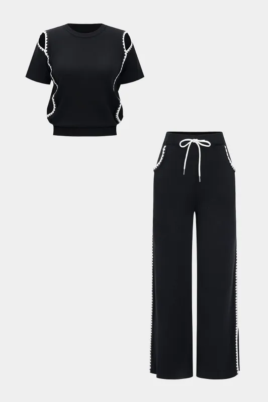 Knit Contrast Cut Out Short-Sleeve Top And Tie-Up Wide Leg Trousers Set sold by Micas