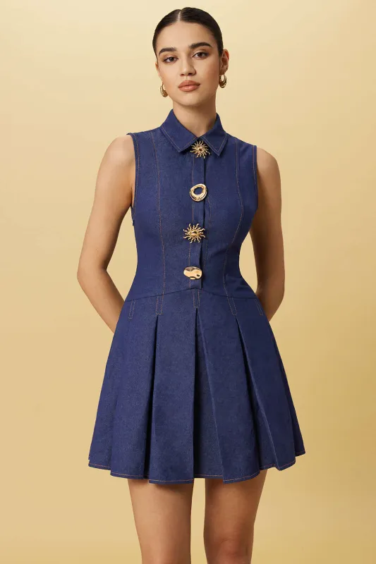 Denim Metallic Decor Ruched Tank Sleeveless Dress sold by Micas