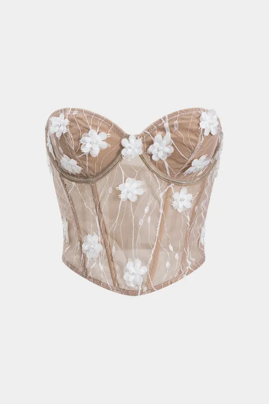 Mesh 3D Embroidery Floral Strapless Tube Top sold by Micas