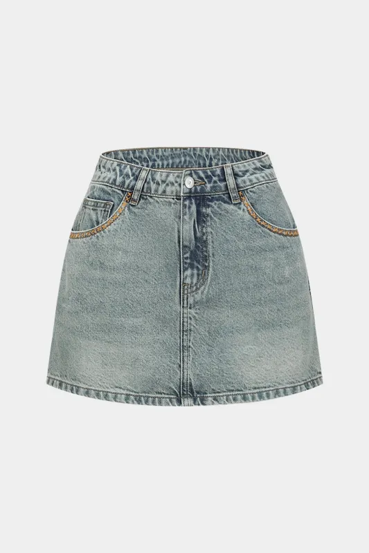 Denim Stitching Embroidery Low Waist Split-Set Bottom sold by Micas
