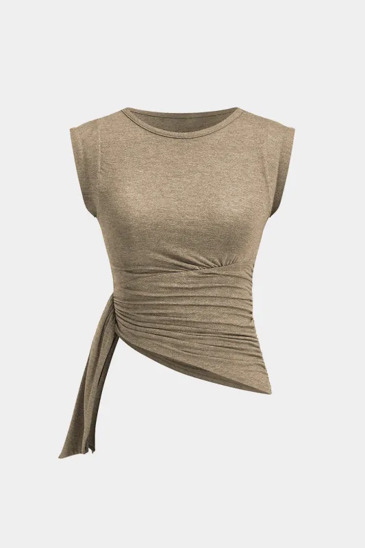 Round Neck Asymmetrical Ruched Strappy Flutter  Short Sleeve T-Shirt sold by Micas