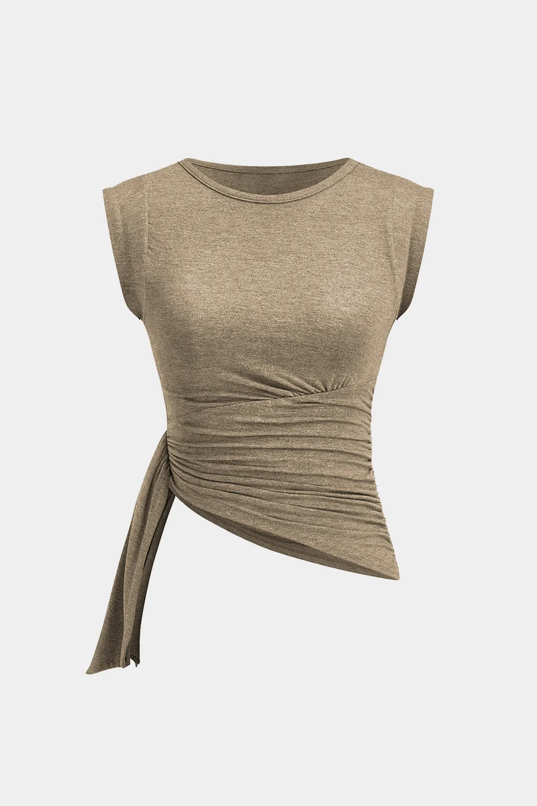 Round Neck Asymmetrical Ruched Strappy Flutter Short Sleeve T-Shirt sold by Micas