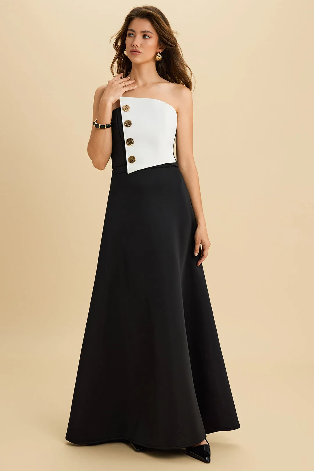 Asymmetrical Metallic Button Wrap Tube Top And High Waist Zipper Skirt Set sold by Micas product image thumbnail 4