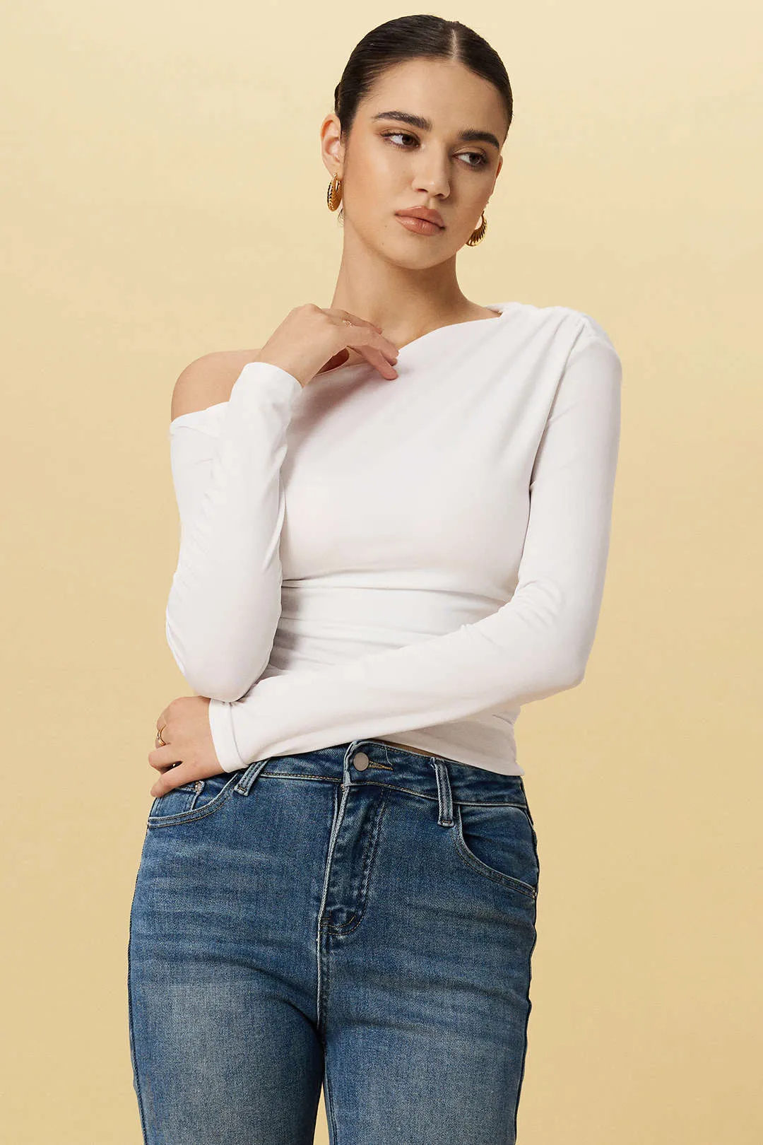Asymmetrical Neck Ruched Long-Sleeve Top sold by Micas product image thumbnail 3