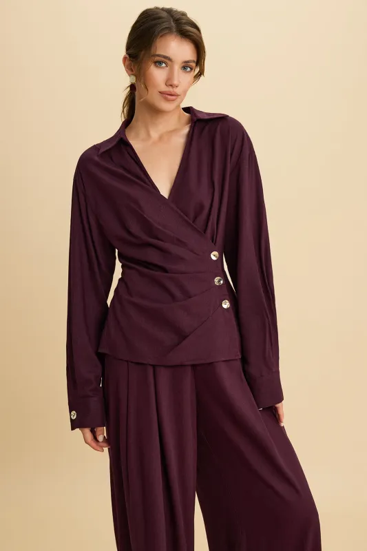 Linen Ruched Asymmetrical Metallic Decor Long-Sleeve Top made by Micas