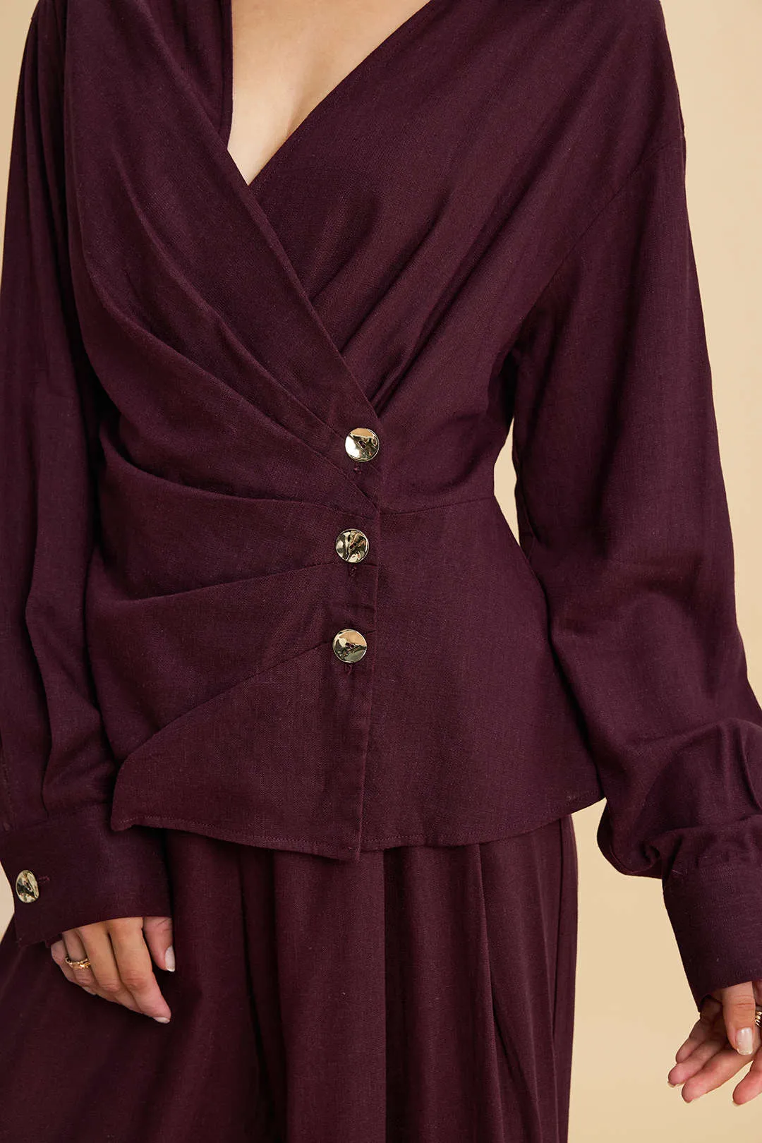 Linen Ruched Asymmetrical Metallic Decor Long-Sleeve Top sold by Micas product image thumbnail 4