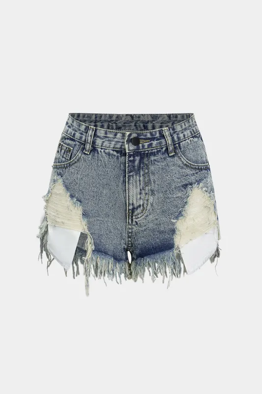 Denim Ripped Fringe Washed Pocket Frayed Shorts sold by Micas