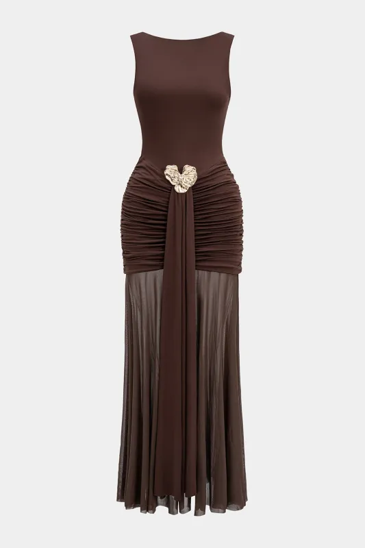 Mesh Metallic Decor Ruched Backless Sleeveless Maxi Dress sold by Micas