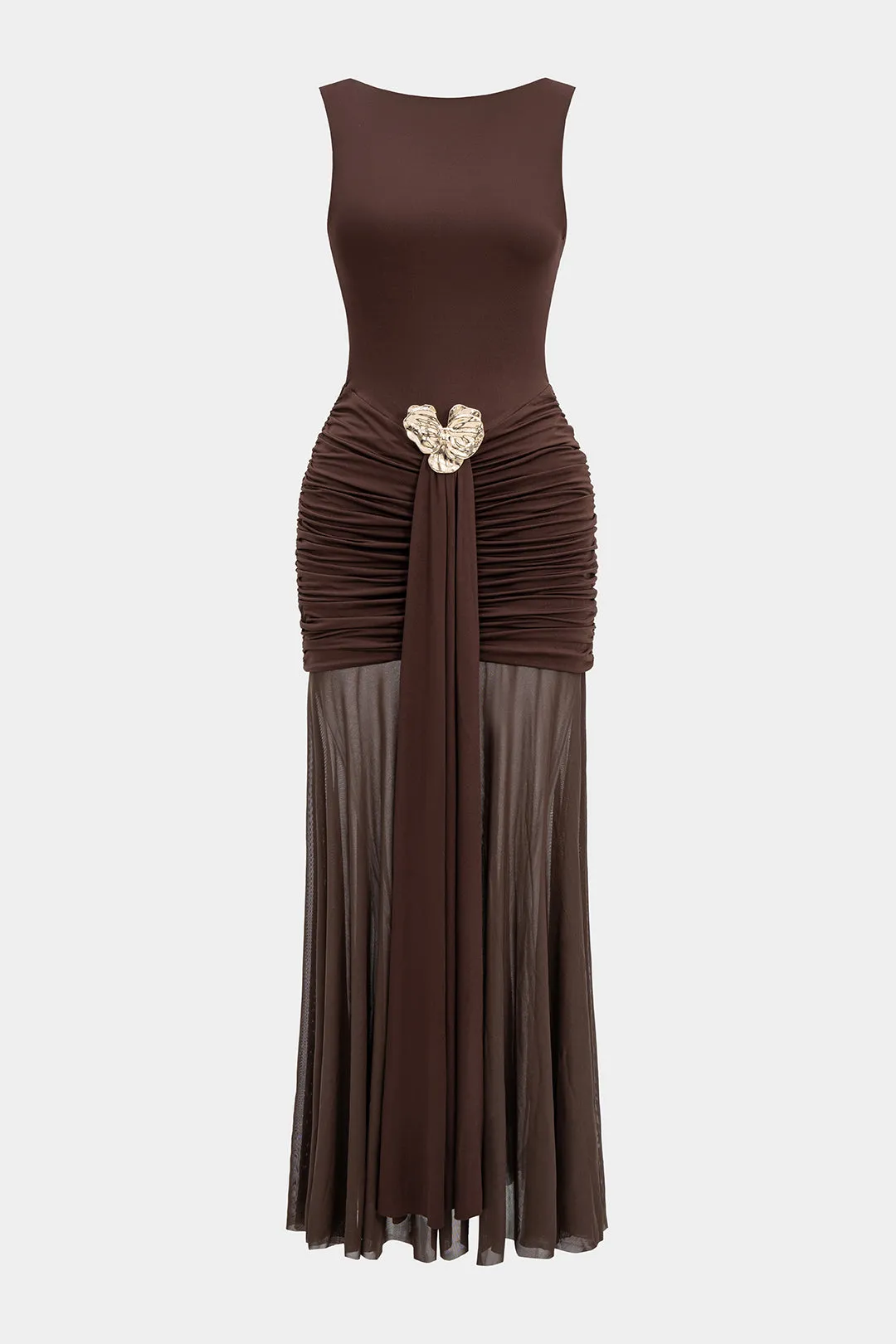 Mesh Metallic Decor Ruched Backless Sleeveless Maxi Dress sold by Micas