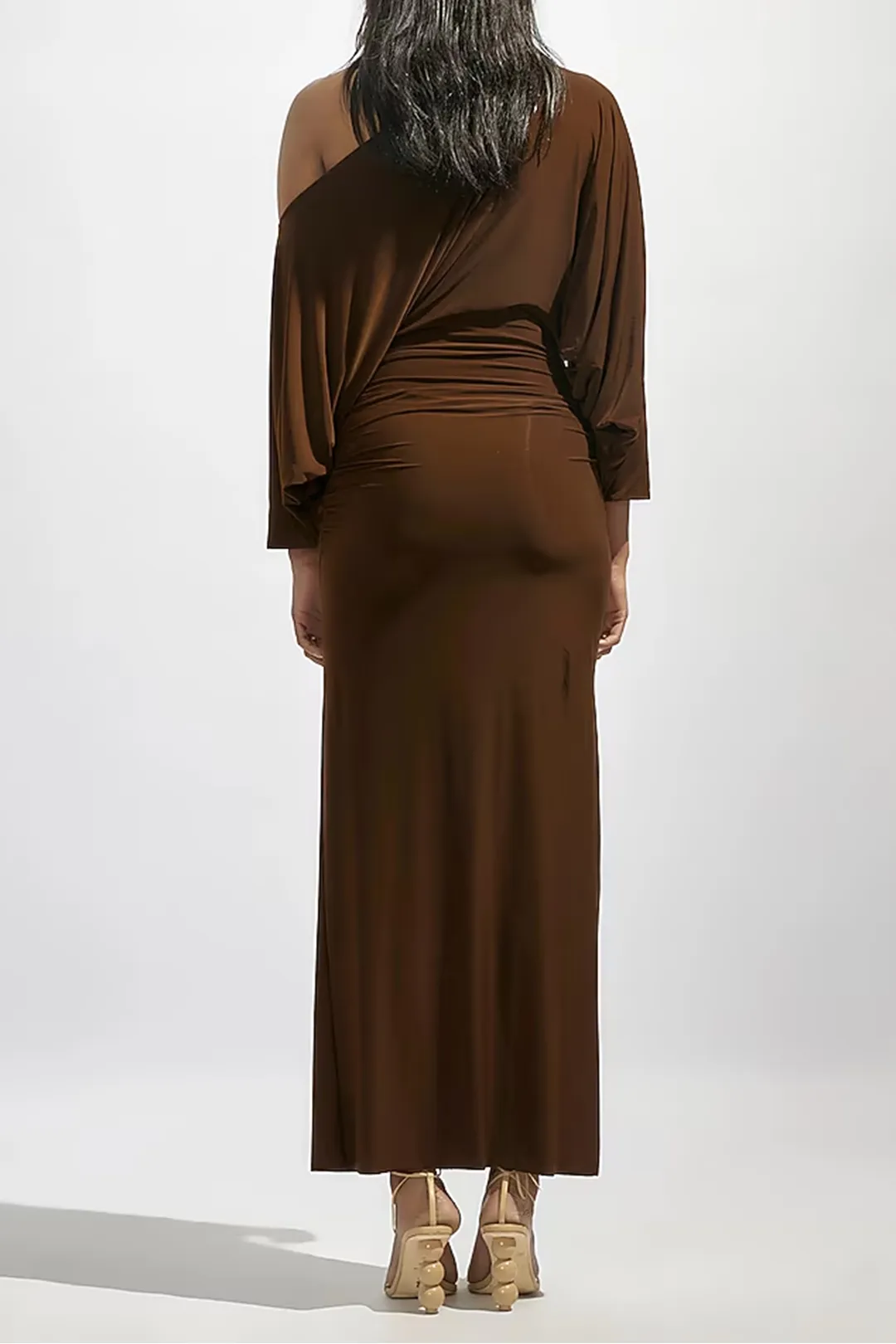 Boat Neck Asymmetrical Ruched Long-Sleeve Maxi Dress sold by Micas product image thumbnail 2