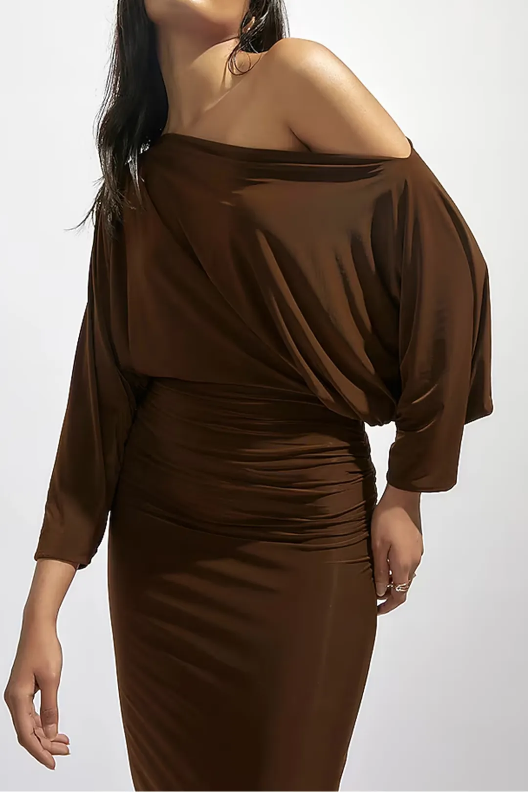 Boat Neck Asymmetrical Ruched Long-Sleeve Maxi Dress sold by Micas product image thumbnail 3