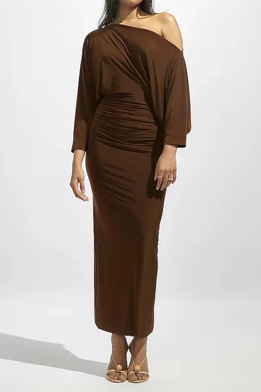 Boat Neck Asymmetrical Ruched Long-Sleeve Maxi Dress sold by Micas