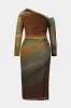 Plus Size Colorblock Print Mesh Ruched Asymmetrical Long Sleeve Midi Dress sold by Micas