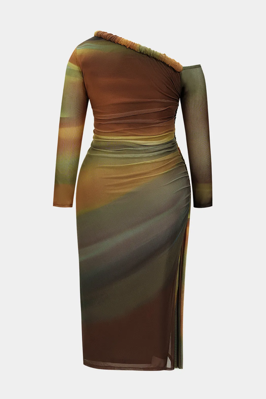 Plus Size Colorblock Print Mesh Ruched Asymmetrical Long Sleeve Midi Dress sold by Micas product image thumbnail 2