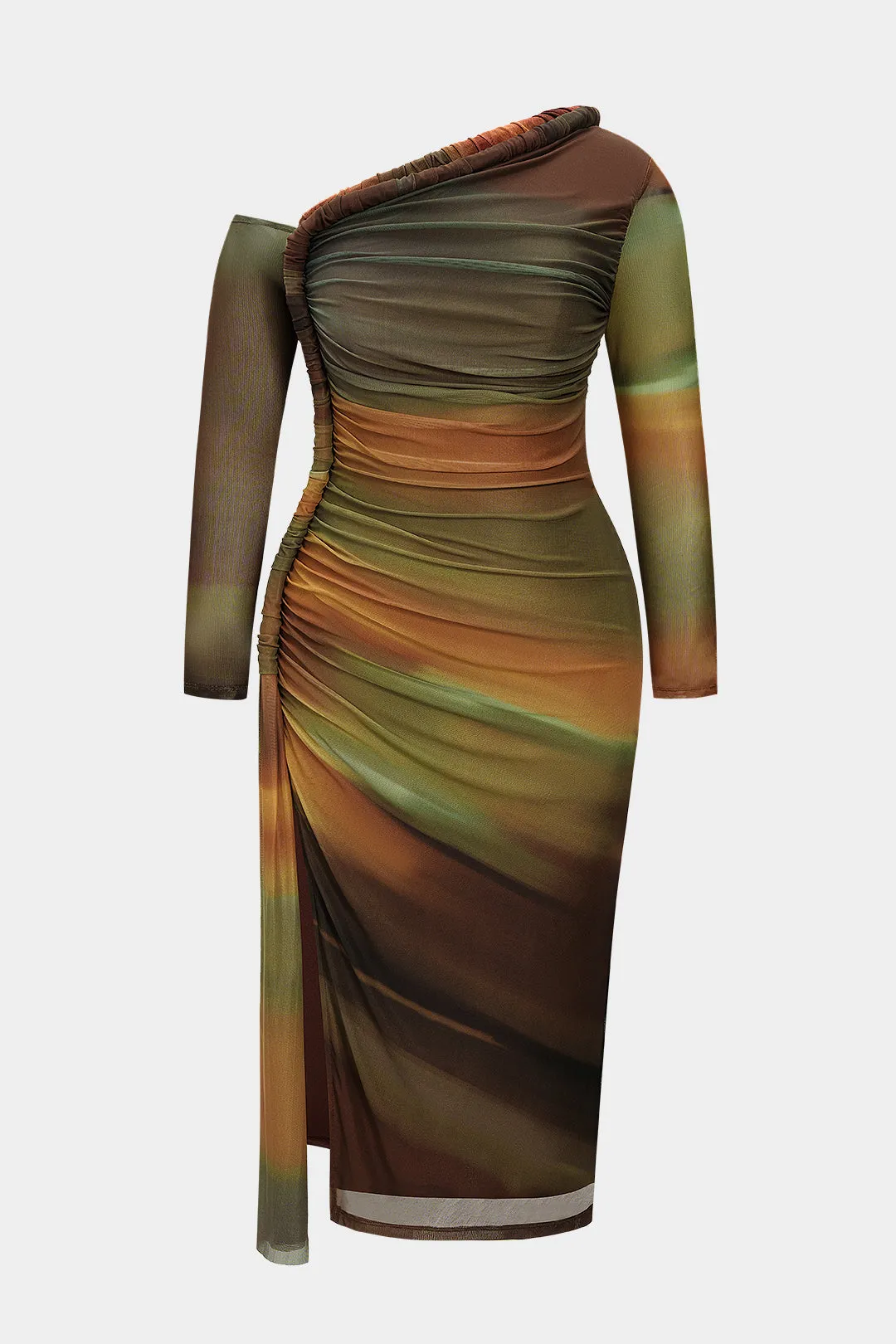 Plus Size Colorblock Print Mesh Ruched Asymmetrical Long Sleeve Midi Dress sold by Micas